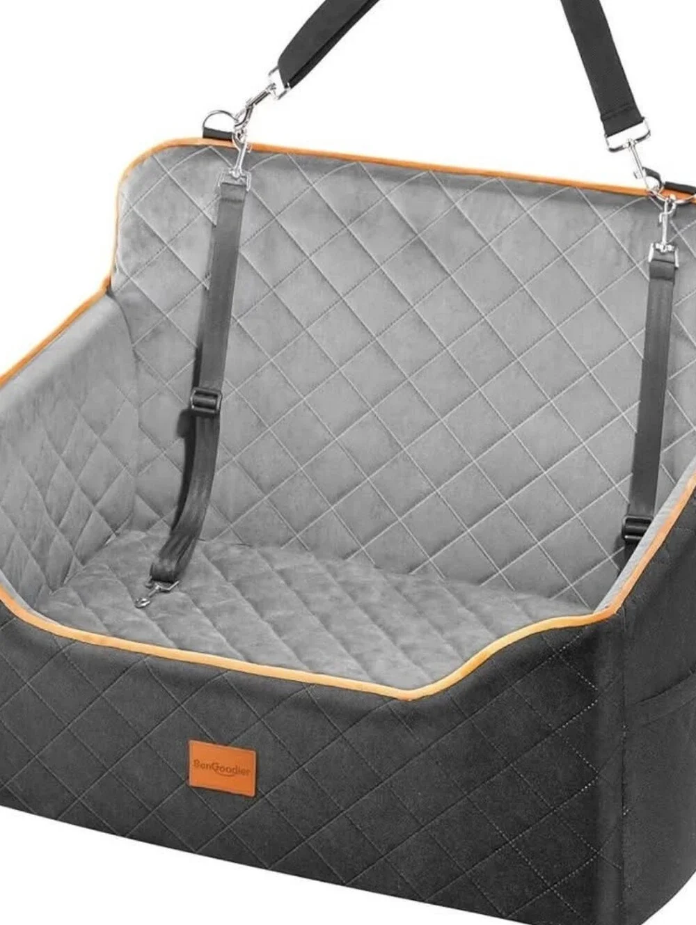 Pet car seat for one or two dogs designed to hold pets weighing up to 55 lbs.